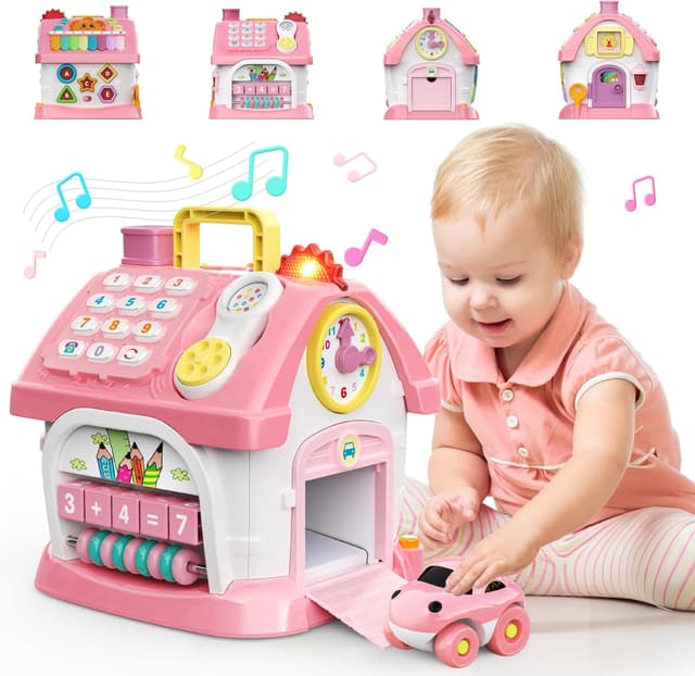 Detalle de Montessori 6-in-1 Multifunktionshaus Baby-Spielzeug (Musik, Uhr, Licht, Telefon, Auto) für Mädchen 1–2 Jahre