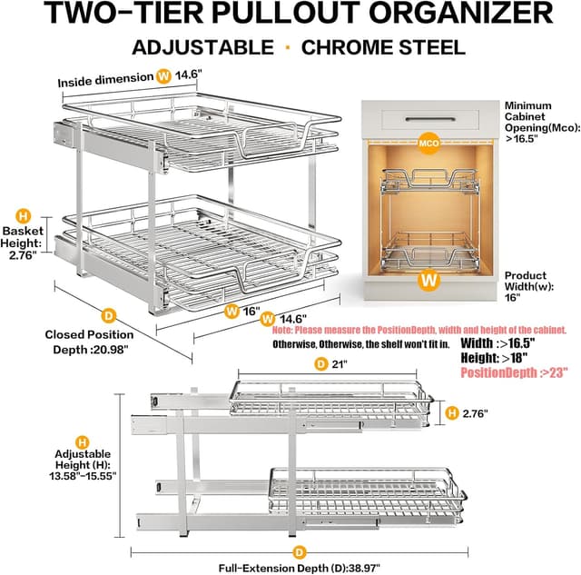 Thumbnail 1 de QUYUWU 2-Tier Pull-Out Kitchen Cabinet Shelf & Drawer Organizer (16" W x 21" D)