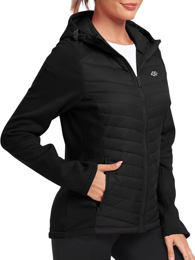 Detalle de MoFiz Womens Fleece Lined Softshell Hooded Hybrid Puffer Jacket (Full Zip) for Running & Hiking