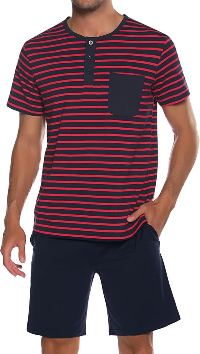 Detalle de Leversic Herren-Schlafanzug kurz aus Baumwolle mit Kontraststreifen-Design – Sommer-Pyjama Set