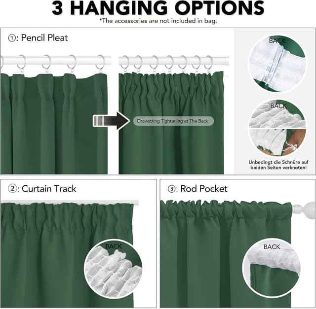 Detalle 2 de Deconovo Thermal Insulated Pencil Pleat Blackout Curtains (2 Panels) – Forest Green – 66 x 90 Inch