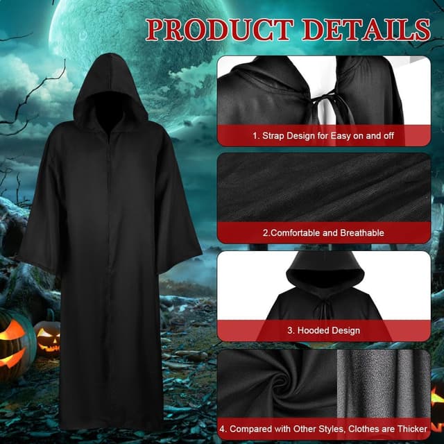 Detalle 2 de AOOWU Jedi Black Cape – deep-hooded black cloak for adult cosplay, vampire & party costumes