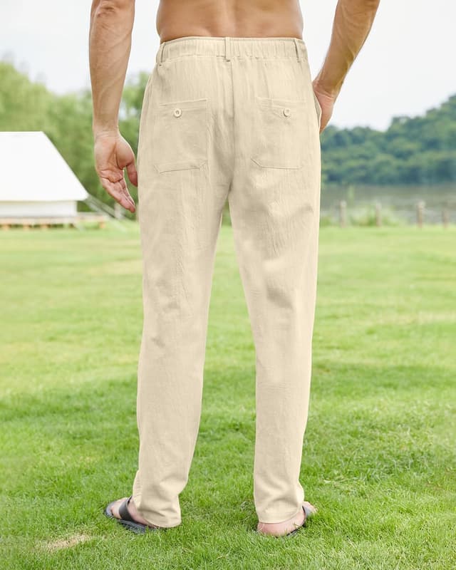 Detalle de Pantalon en lin homme NANAMEEI : ampleur estivale, poches et taille élastique à cordon