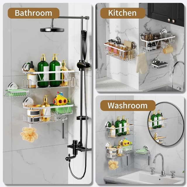 Detalle de ZUNTO Wall-Mounted Shower Caddy with Strong Suction Cups (Silver) – waterproof suction storage with hooks and quick-drying rack