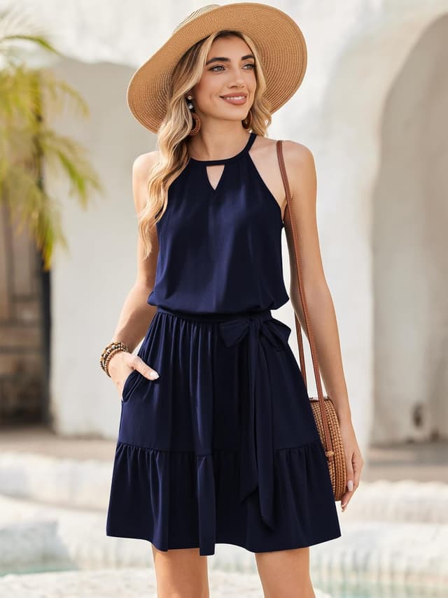 Detalle de Zeagoo Robe d’été femme sans manches à dos nu et poches, longueur genou