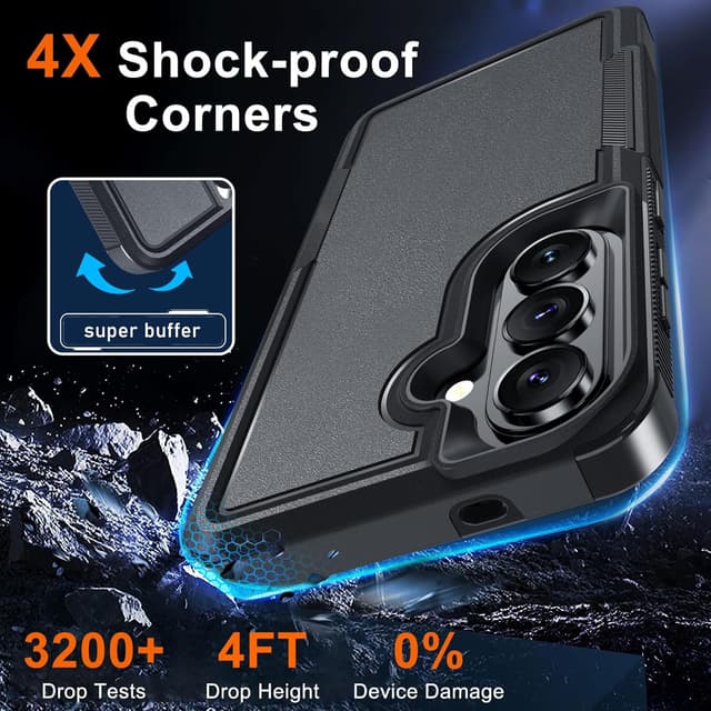 Detalle de Samsung Galaxy S26 dual-layer rugged case with screen protector and camera lens cover (black matte) with wrist lanyard