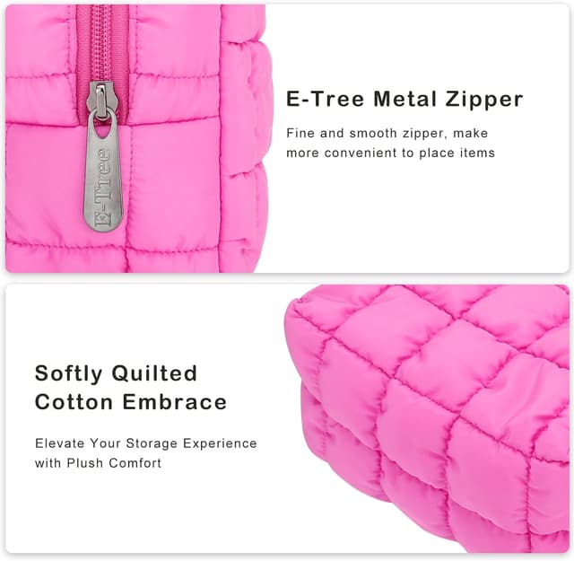 Detalle de E-Tree Quilted Cute Makeup Bag (Checkered, Hot Pink) for Purse & Travel Essentials