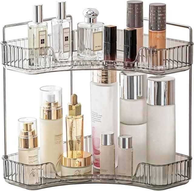 Detalle de Make up Organizer (PET, Edelstahl-Stangen), Kosmetik-Hautpflege-Organizer für Bad & Schminktisch – 3 Schichten, Grau