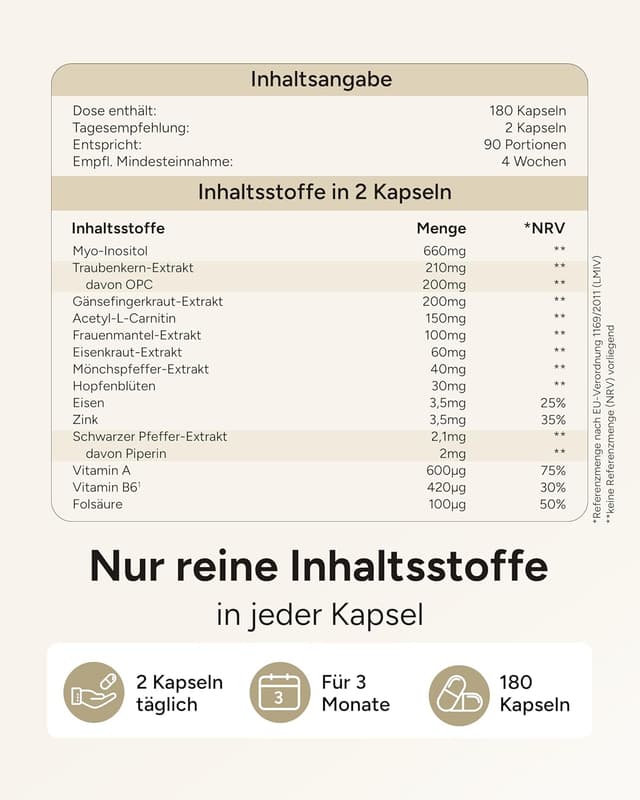 Detalle de Hormon Balance Frauen 14fach PMS Kapseln (180 Kapseln) mit Myo-Inositol, OPC, Frauenmantel & Vitamin B6
