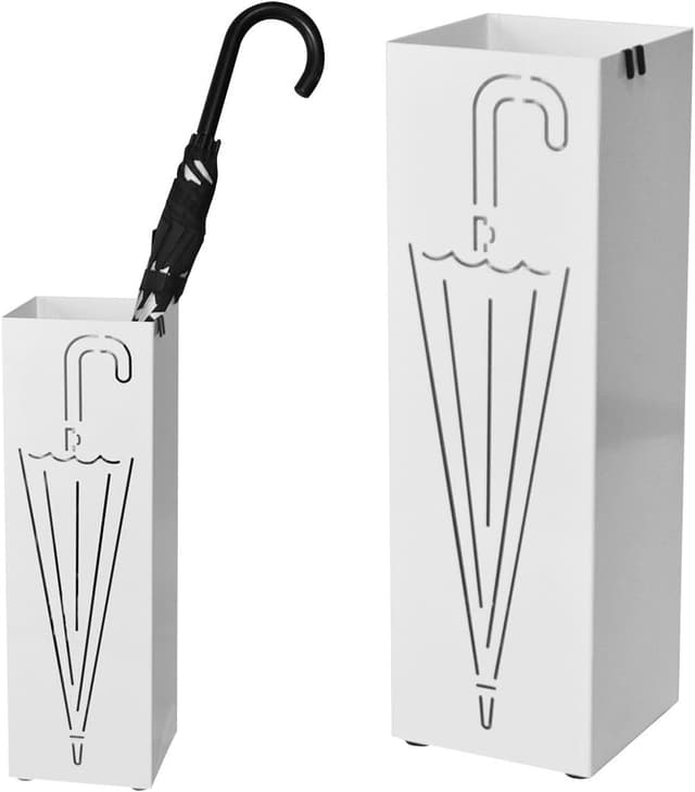 Detalle de BAKAJI BAK3W portaombrelli in ferro design quadrato bianco con vaschetta salvagoccia e ganci
