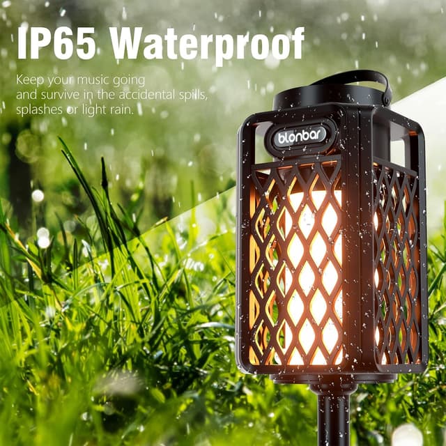Detalle 2 de blonbar Bluetooth-Lautsprecher mit Flammenlicht und IP65 für Terrasse & Garten (inkl. Taschenlampen-Funktion)