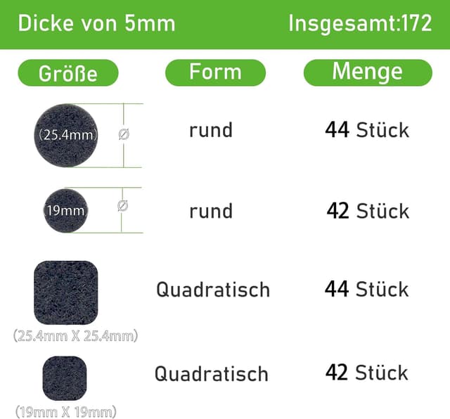 Detalle 2 de Selbstklebende Filzgleiter für Stühle (172 Stück, 19 mm & 25 mm, schwarz) – quadratisch & rund