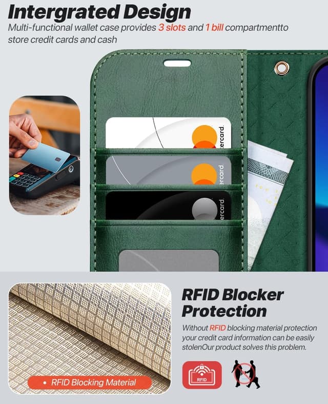 Detalle 2 de OCASE 2-in-1 iPhone 16e/17e Handyhülle mit Kartenfach, abnehmbarer magnetischer Wallet & Handschlaufe – Dunkelgrün