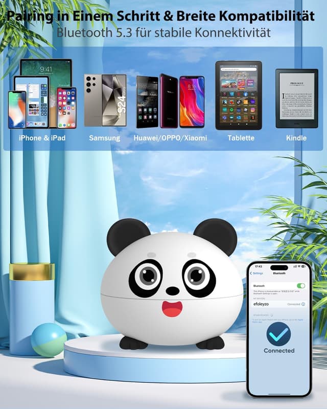 Detalle 2 de COOTIMOCK Bluetooth-Kopfhörer für Kinder (In-Ear) mit 85-dB-Lautstärkebegrenzung, Panda-Design & bis zu 30 Stunden Spielzeit