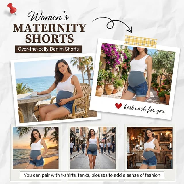 Detalle de Fitglam Women’s Over-Belly Maternity Shorts with Pockets (Denim Stretch)