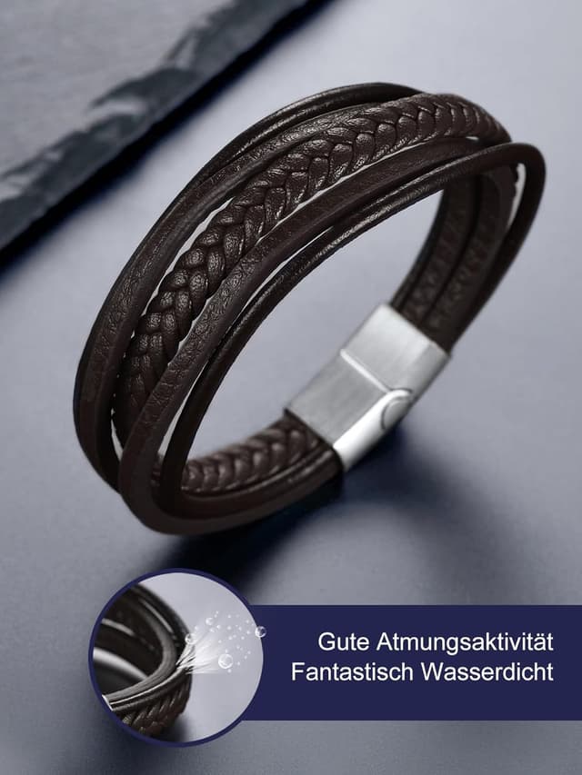 Detalle de Bandmax Herren Lederarmband im Wickel-Look mit Magnetverschluss, braun