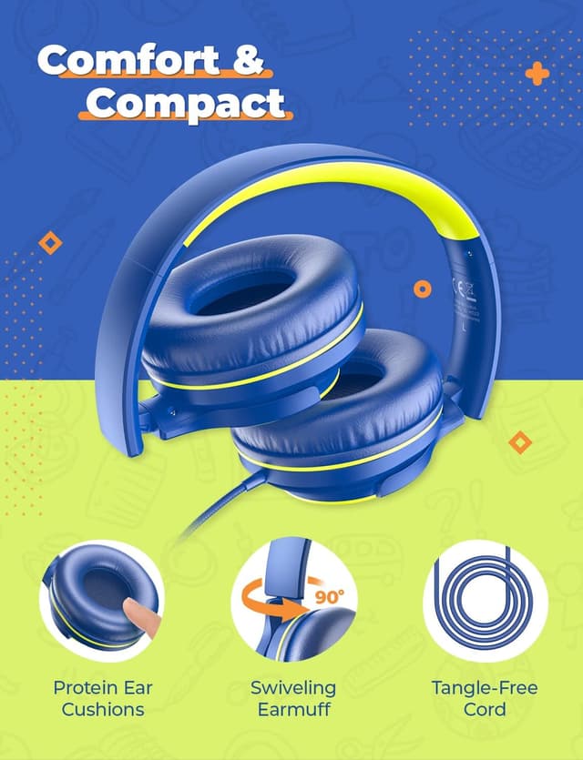 Detalle de iClever 2 Pack Kids Wired Headphones (85dBA volume limit) – foldable, adjustable headband
