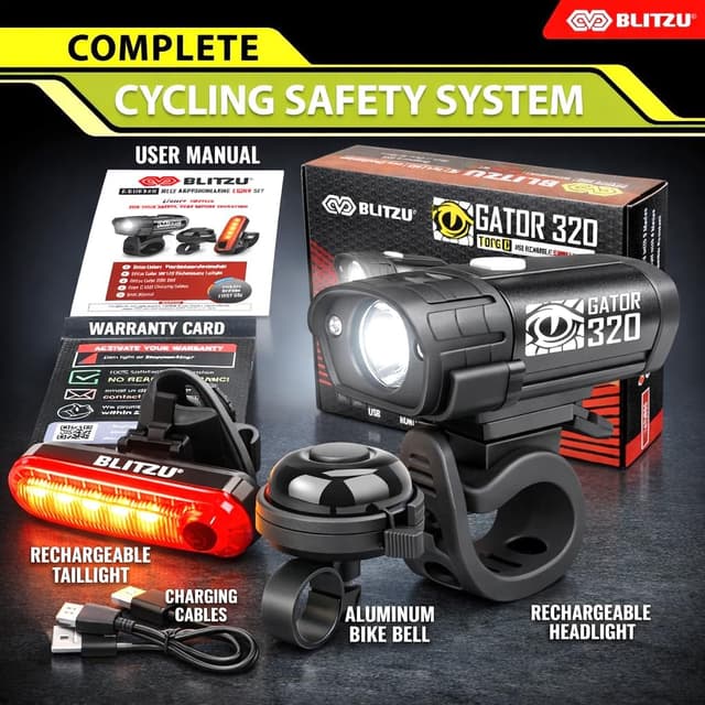 Detalle de BLITZU Gator 320 bike lights set (front headlight, rear taillight & bell) — USB-C rechargeable