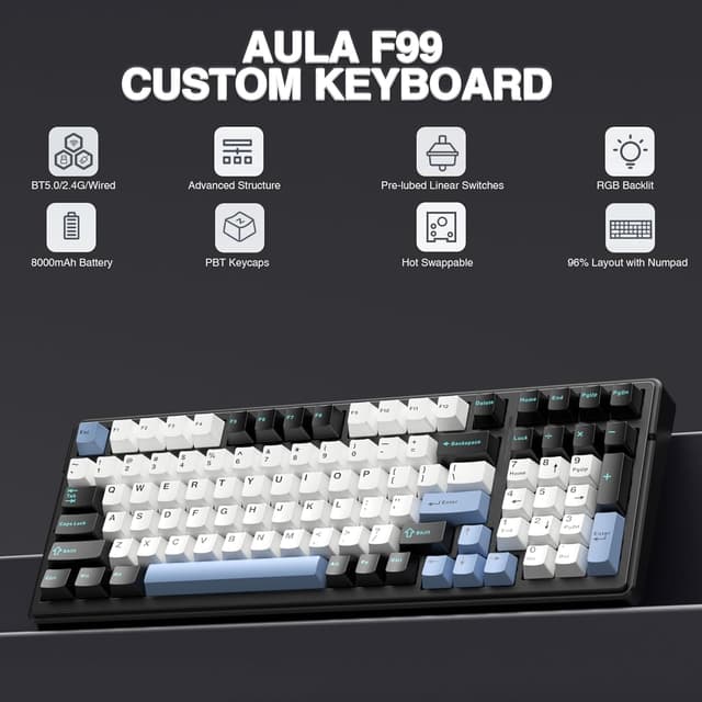 Detalle de AULA F99 Mechanical Gaming Keyboard with BT5.0, 2.4GHz, USB-C and Hot-Swappable Switches (Black & Blue)