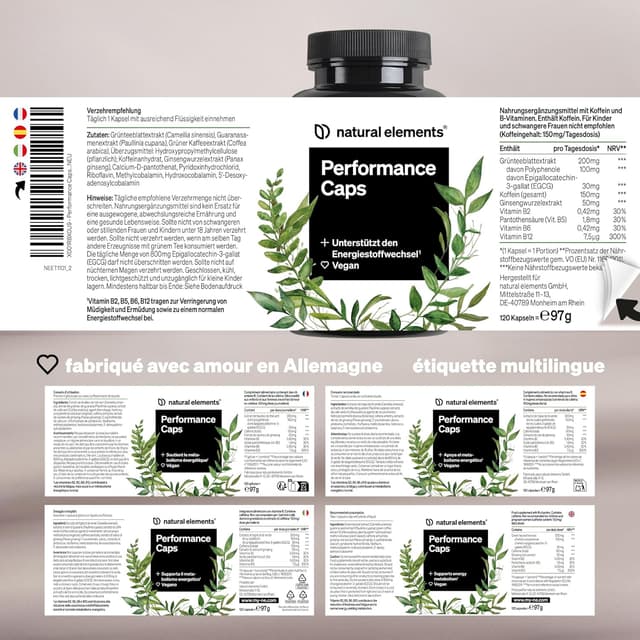 Detalle 2 de Performance Caps – 120 gélules de caféine végétale (thé vert, guarana, café vert) + vitamines B, véganes