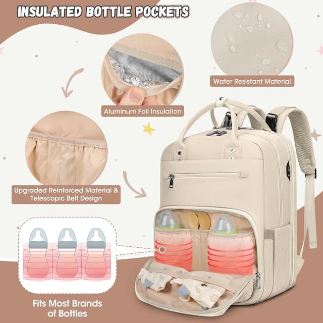 Detalle 1 de RAINSMORE Wickelrucksack für Babys: Baby-Wickeltasche mit Wickelunterlage, Windelwäschesack & isolierten Flaschentaschen (Aprikose)