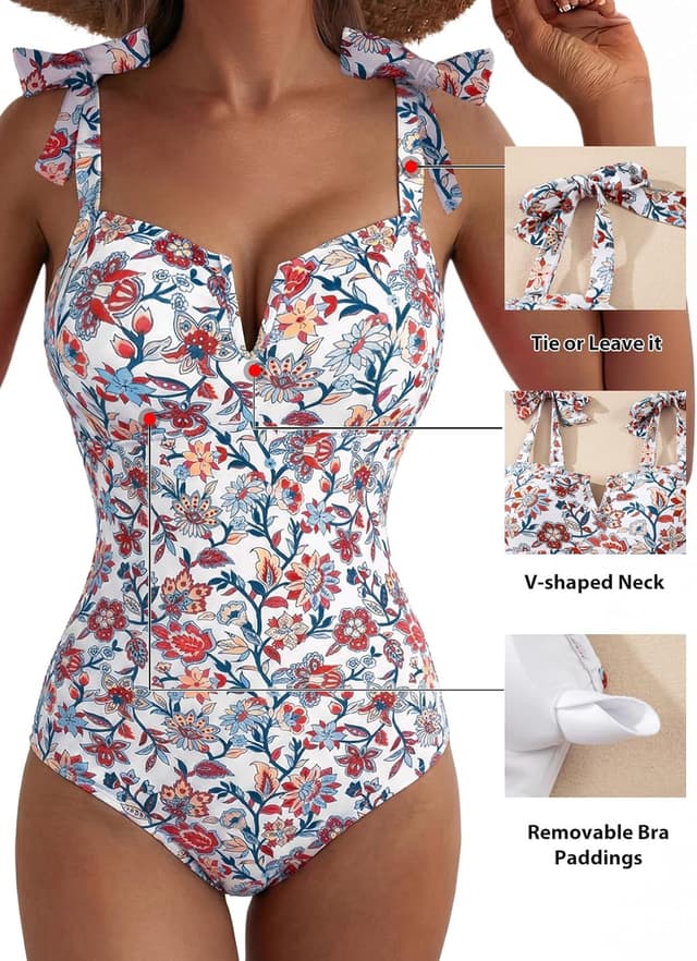 Detalle de Aleumdr Women’s One-Piece Swimsuit with Tummy Control, V-Neck & Boho Tie Straps