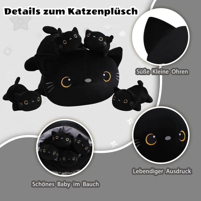 Detalle de SQEQE Black Cat Plush – 5-in-1 giant cat pillow with removable 4 baby kittens