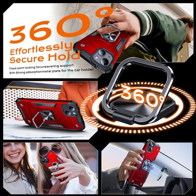 Detalle 2 de Anqrp Armor Handyhülle für iPhone 13/14 mit Ring-Ständer – stoßfest, rot