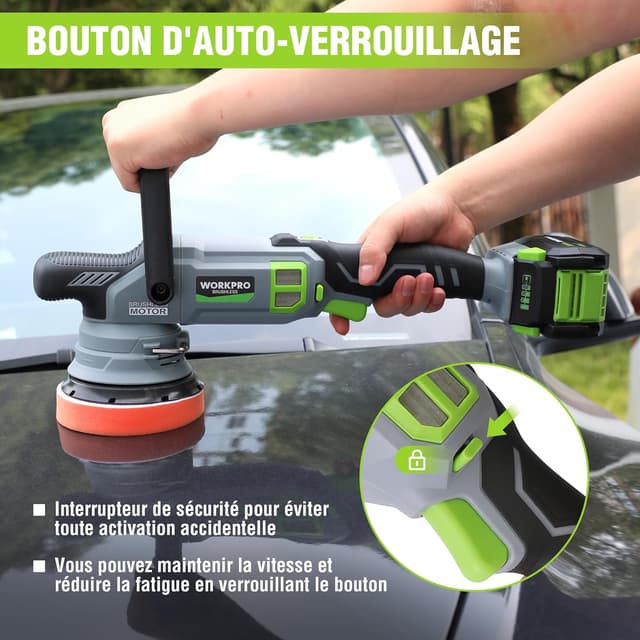 Detalle 2 de WORKPRO Polisseuse de voiture sans fil 20V orbitale double action, 7 vitesses (2000–5000 tr/min)