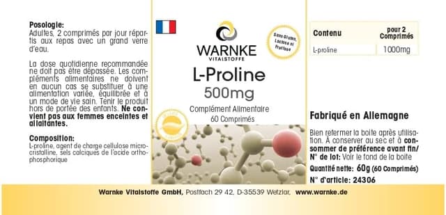 Thumbnail 3 de Warnke Vitalstoffe L-Prolina 500mg Vegana 60 comprimidos 💊