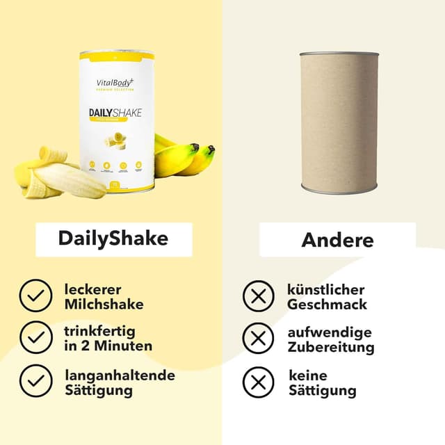 Detalle de VitalBody+ DailyShake Fresh Banana (450 g) – vegetarischer Mahlzeitenersatz zum Abnehmen, 250 kcal pro Shake