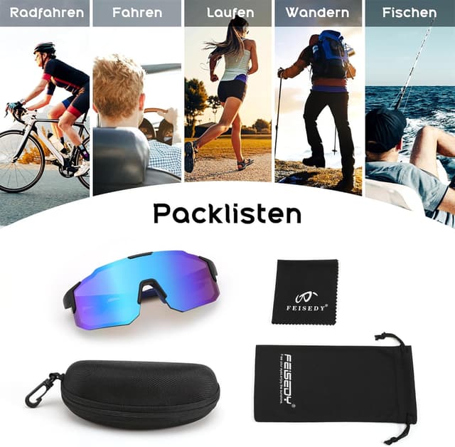 Thumbnail 6 de FEISEDY Sport Sonnenbrille für Herren & Damen – Fahrradbrille mit UV400, verspiegelten Gläsern und weitem Sichtfeld