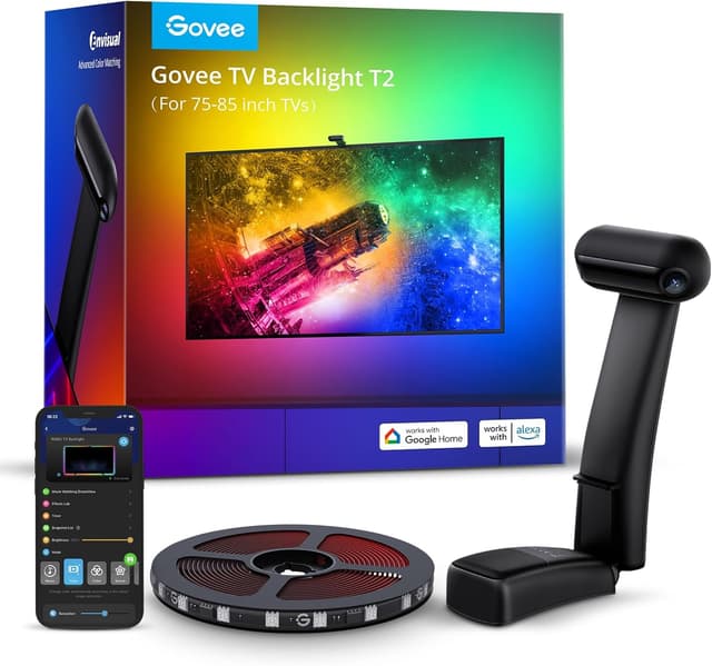 Detalle de Govee Envisual TV Backlight T2 with Dual Cameras, 5m RGBIC LED Strip Lights (75–85 inch), Wi‑Fi, Music Sync & Voice Control