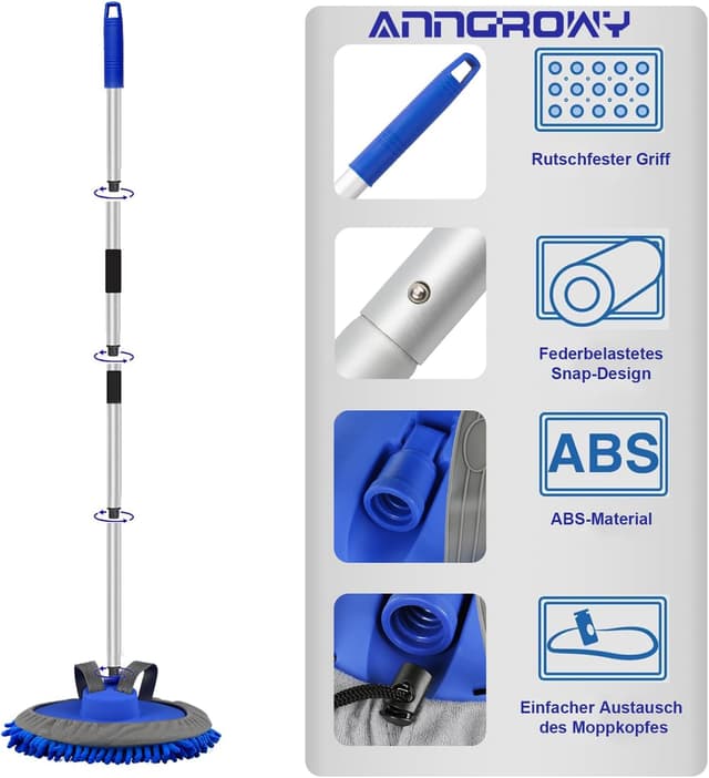 Detalle de anngrowy Autowaschbürste mit Teleskopstiel (160 cm) und 4-fach ausziehbarem Griff – 180° drehbarer Mopkopf