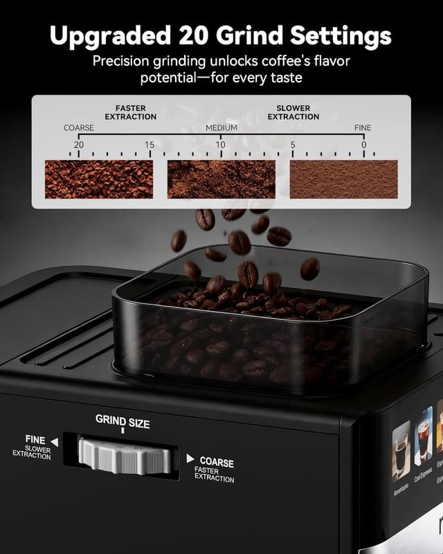 Detalle de Mooye Espresso Machine with Grinder (20-Bar) with Steam Wand for Cappuccino, Latte & Cold Brew