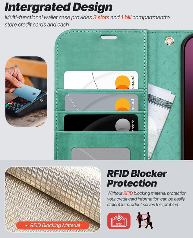 Detalle 1 de OCASE iPhone 16 Pro Hülle (2in1) aus Leder – stoßfest, abnehmbare Magnet-Fliphülle mit Kartenfach, RFID & Standfunktion (grün)