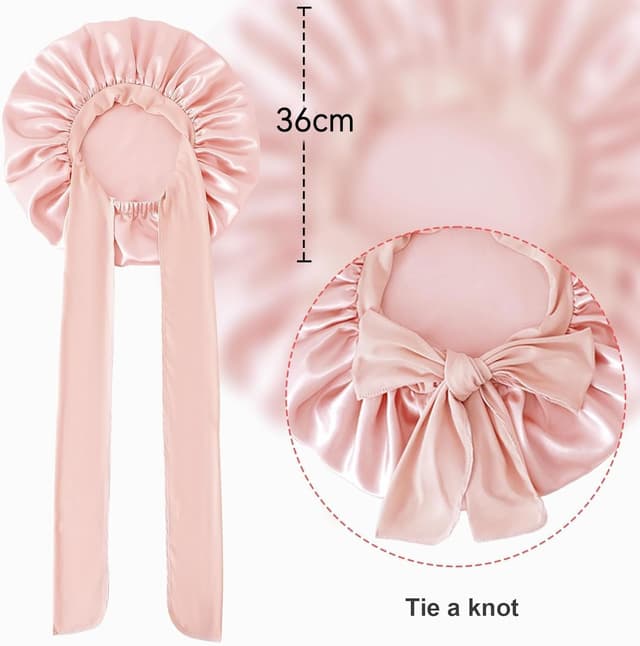 Detalle de GUGUGO Seidenhaube zum Schlafen (Satin/Silk Bonnet) verstellbar – Sakura Rosa