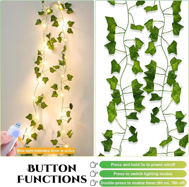 Detalle de A.bigwhale Efeu-Lichterkette mit Timer – künstliche Efeu-Girlande mit 20 LEDs (USB-aufladbar)