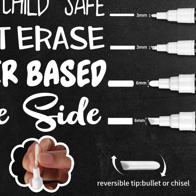 Detalle de GAINWELL White Liquid Chalk Markers (3mm & 6mm nibs) – Water-Based Wet Wipe Erasable, 4 Pack