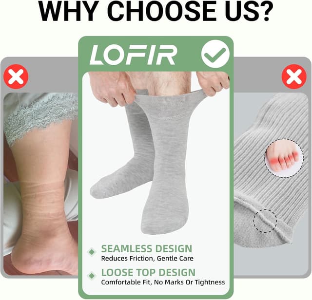 Detalle 2 de LOFIR Diabetic Bamboo Socks (Wide Fit) – Seamless Toe, Non-Elastic Loose Top Crew Socks, 6 Pairs, Size 9–11 Grey