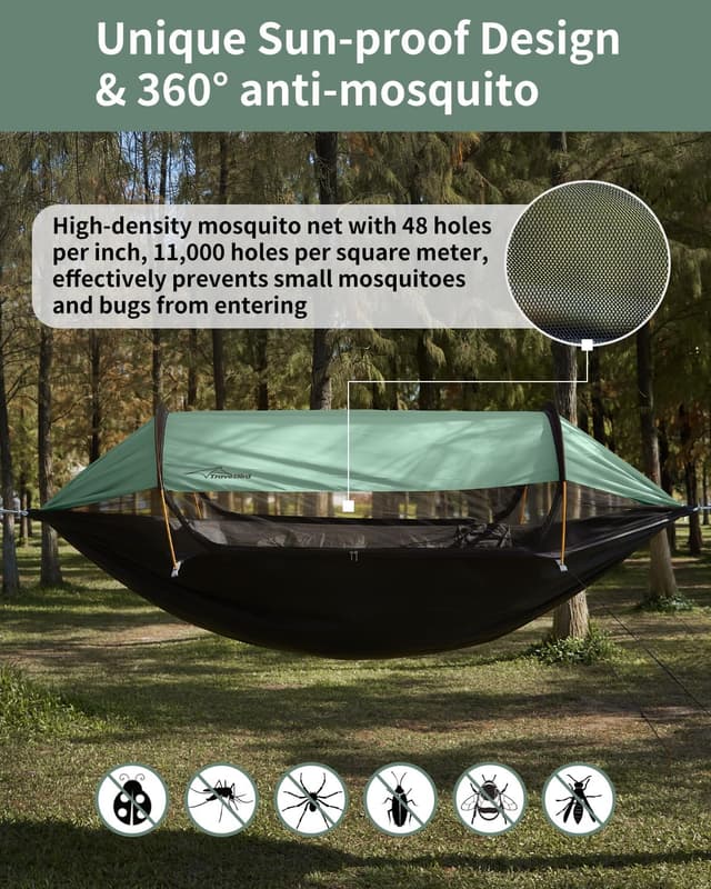 Detalle de Travel Bird hamac de camping 3 en 1 avec moustiquaire et pare-soleil, 290 x 140 cm