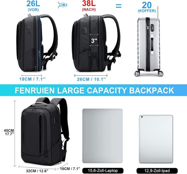 Detalle 2 de FENRUIEN Erweiterbarer Laptop Rucksack 38L 15,6 Zoll