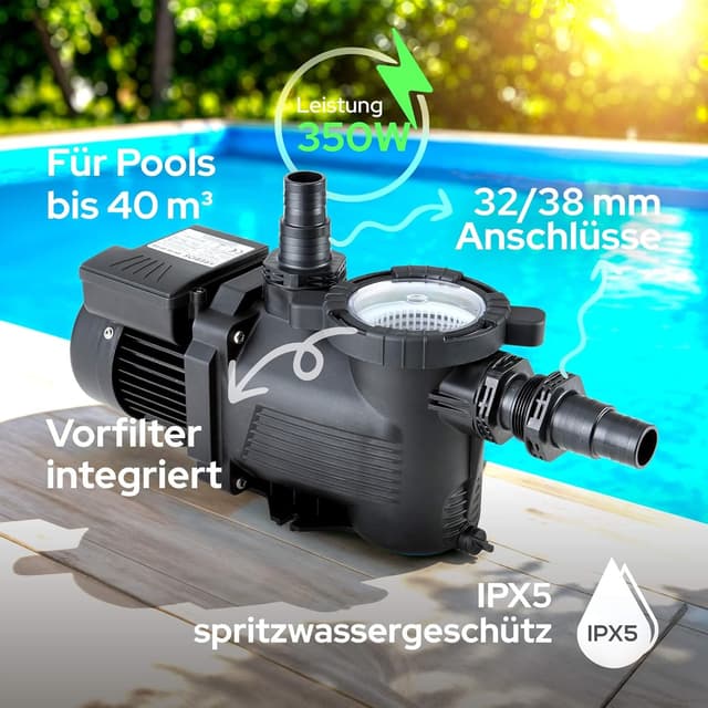 Detalle de AREBOS Schwimmbadpumpe 350 W (9500 l/h) mit Vorfilter – Filterpumpe für Pool-Sandfilteranlagen