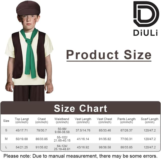 Detalle de DiULi Costume de pauper victorien 5 pièces pour enfants (4 à 12 ans) : gilet, pantalon, bonnet, écharpe et ramoneur
