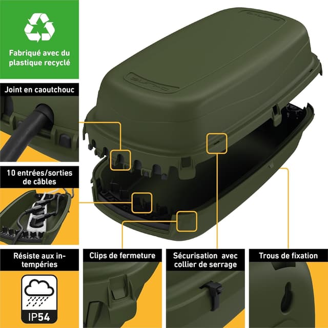 Detalle de Boîtier étanche pour multiprise D-Line IP54 (cotes internes 290 × 125 × 110 mm) – couleur vert