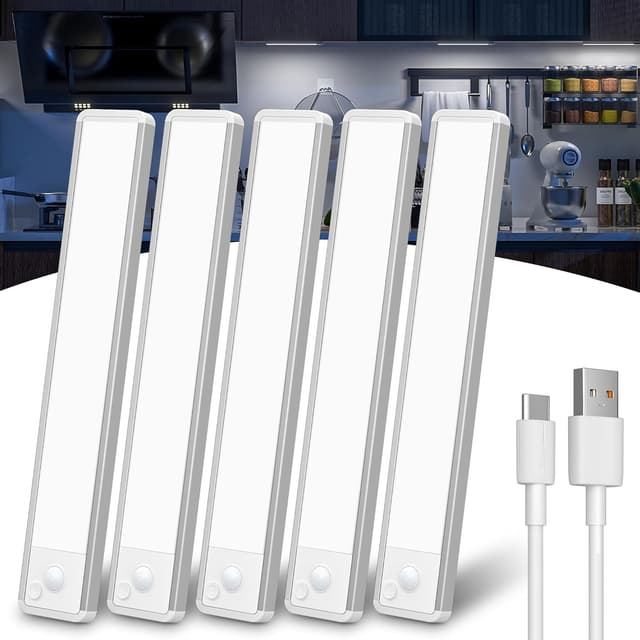 Detalle de GWULC under-cabinet LED kitchen lights (20cm) with motion sensor, USB-C rechargeable — 5 pack