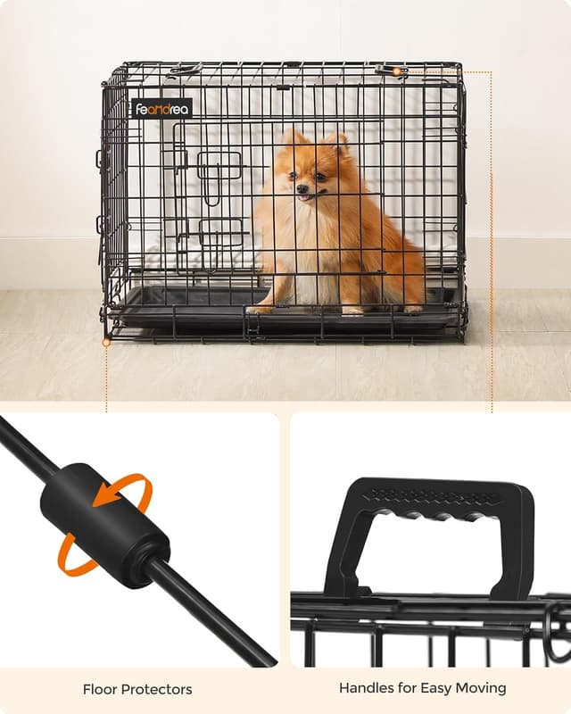 Detalle de Feandrea Dog Crate PPD024B01 (S) foldable dog cage with 2 doors, removable tray, 61 x 43.5 x 50.5 cm, black