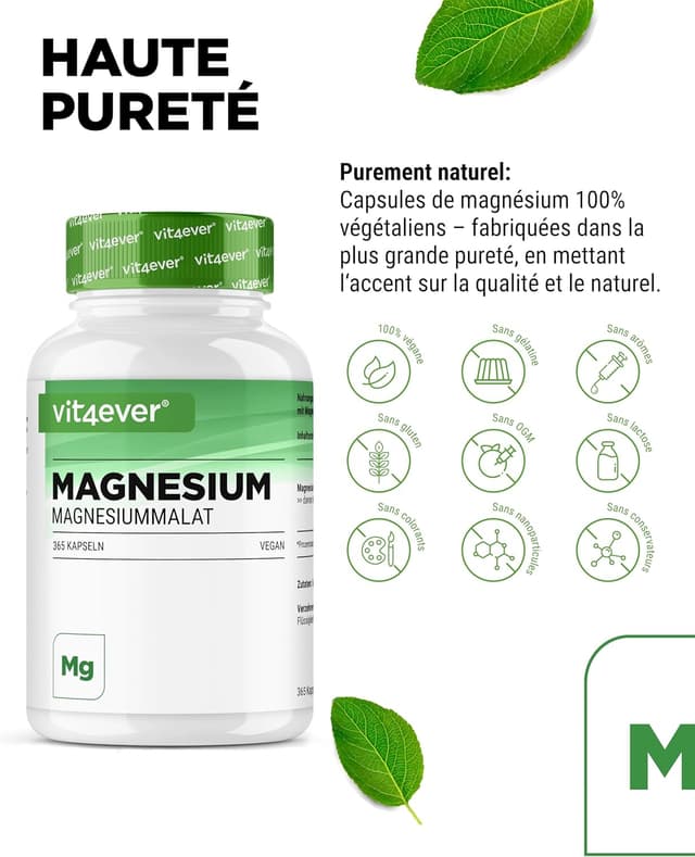 Detalle de Vit4ever Malate de magnésium – 365 gélules (2000 mg dont 300 mg de magnésium élémentaire) – Végan