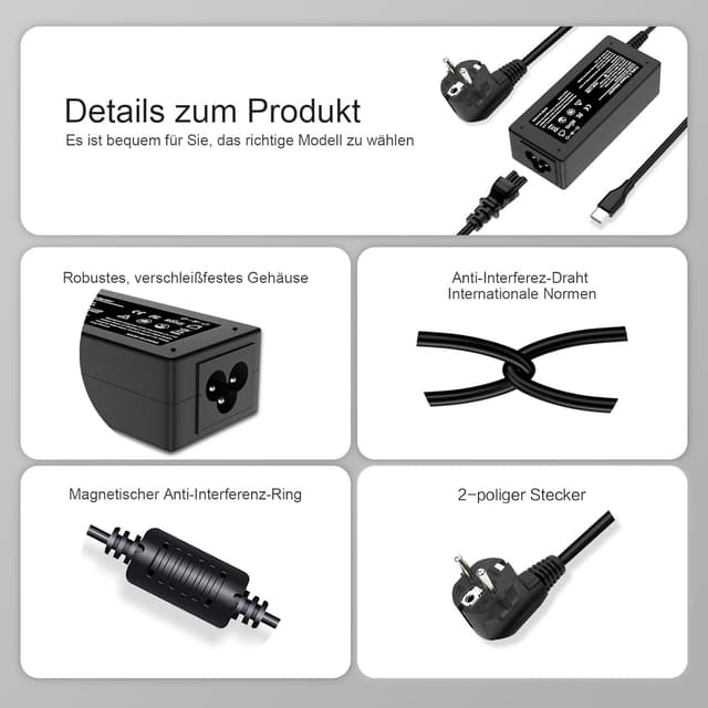 Detalle de 45W USB-C Chromebook Ladegerät (Ersatz-Netzteil) – 20V/2,25A passend für viele HP, Lenovo, ThinkPad, Acer & mehr