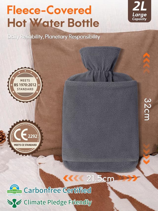 Detalle de MUPAS Wärmflasche mit Vliesbezug und Kängurutasche – 2 l, grau